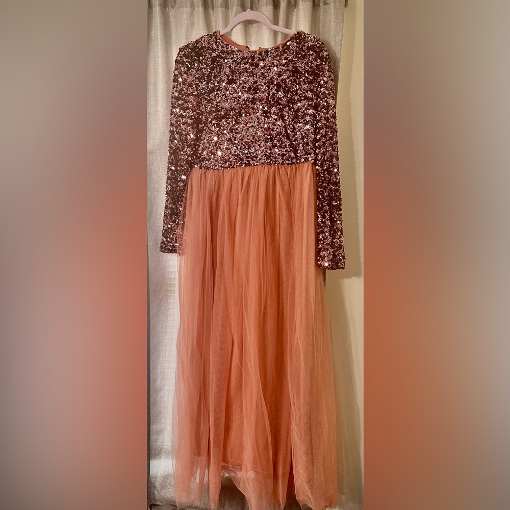 Dainty Jewells Rose Gold Sequin Top Peach Tulle Maxi Dress